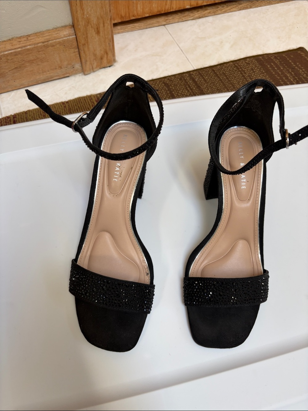 Kelly & Katie Black Beaded Ankle-Strap Block Heels